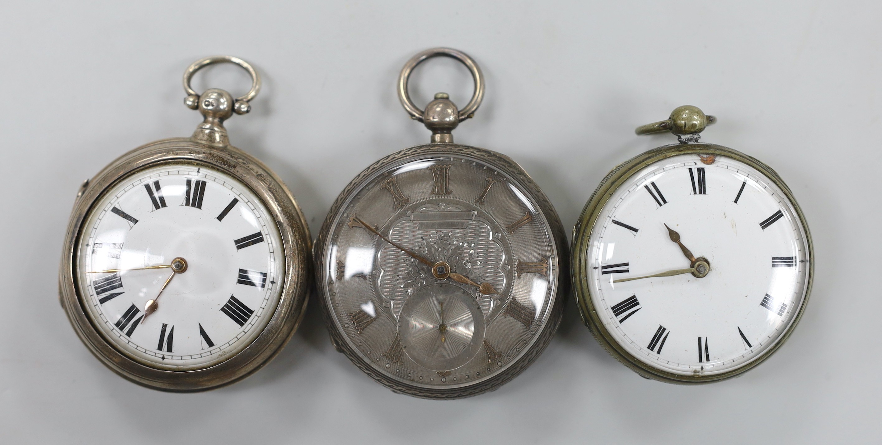 A late Victorian silver pair cased keywind verge pocket watch, indistinct maker, London, one other similar open faced pocket watch with silvered dial, by E.C, London, Maker to the Admiralty and an earlier base metal keyw
